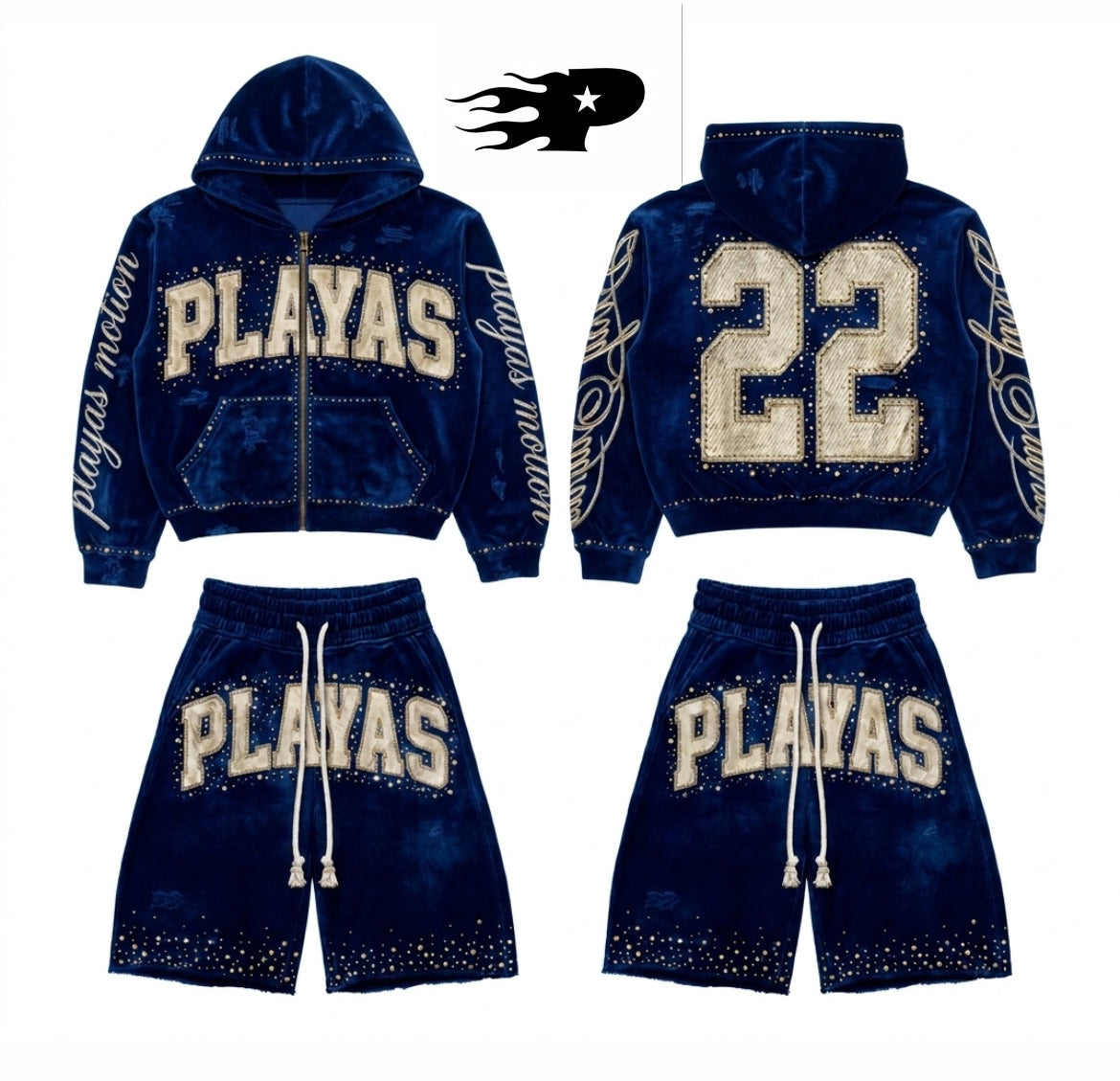 Playas Motion “22 Series” Blue Velvet 🏧 Distressed Rhinestone Set
