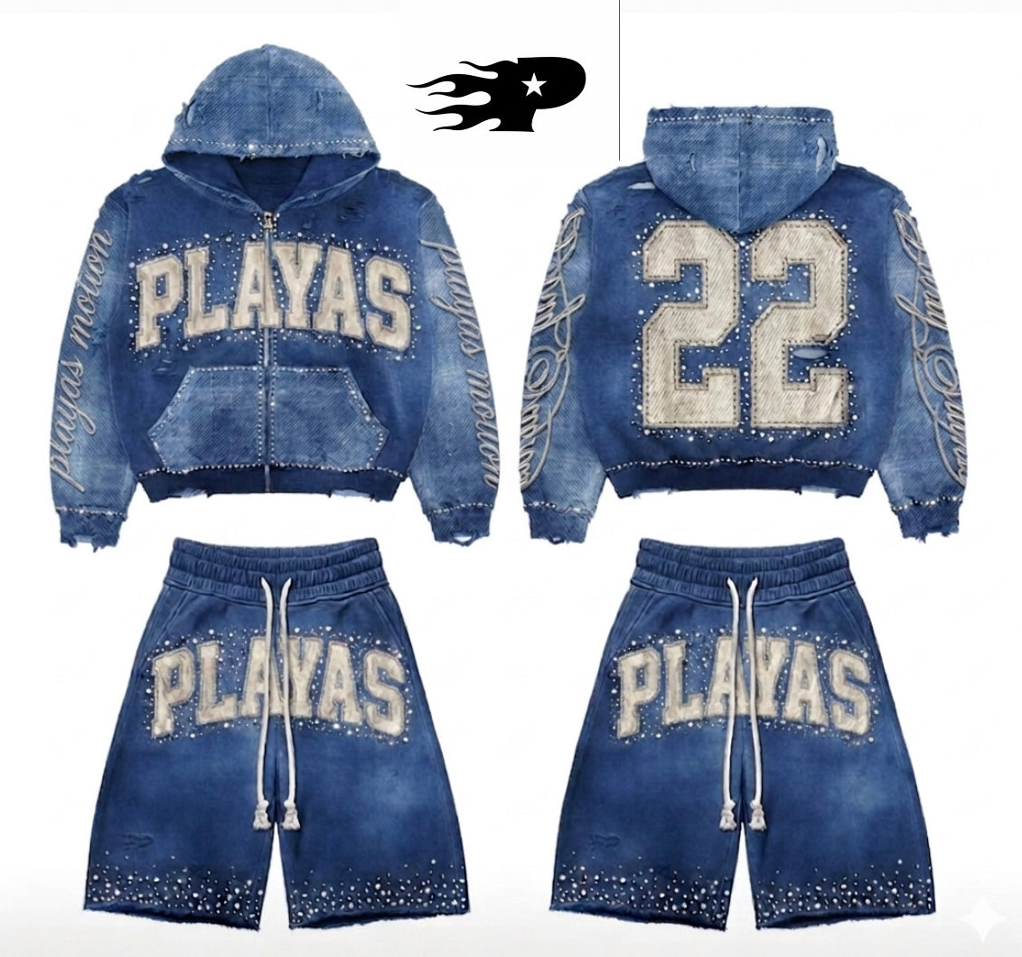 Playas Motion “22 Series” Blue Denim 👖 Distressed Rhinestone Set